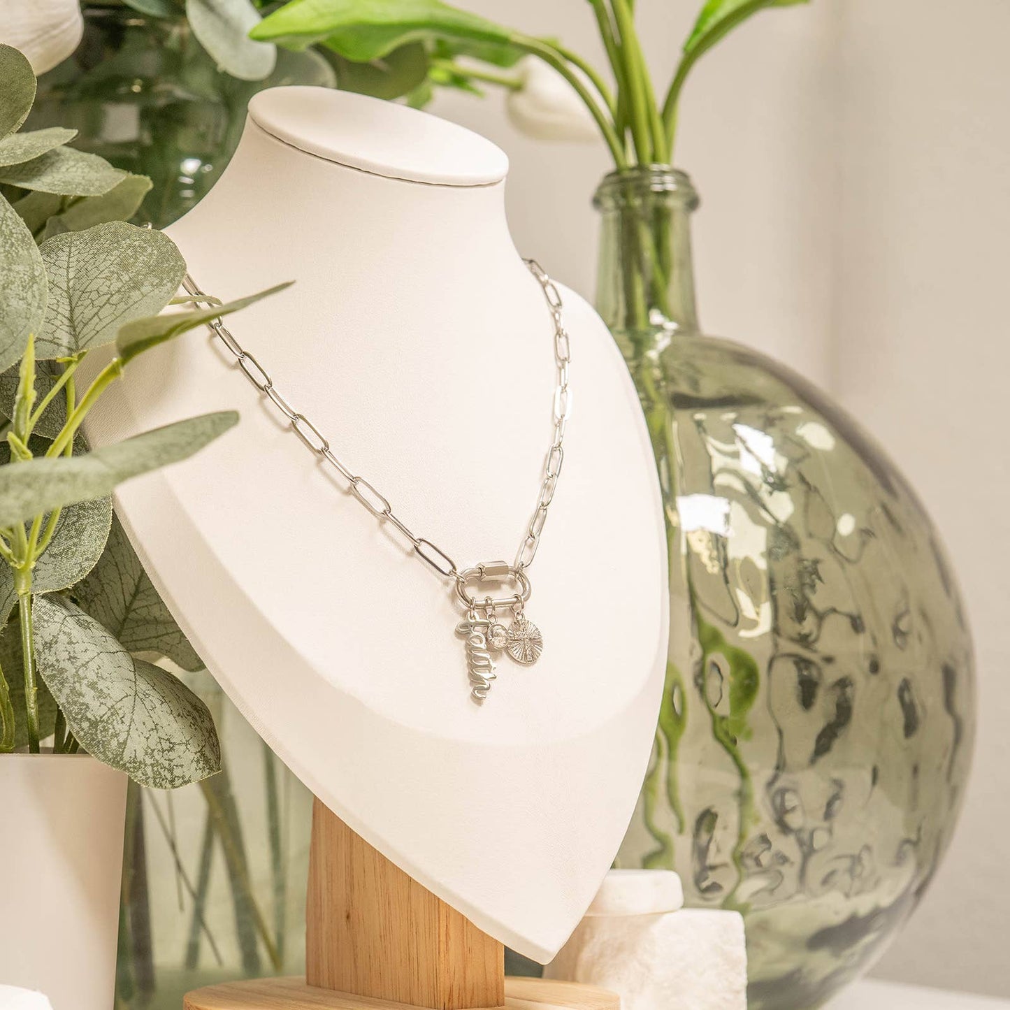 WJW - Collier à breloques en forme de mousqueton « Faith » en or PVD 18 carats