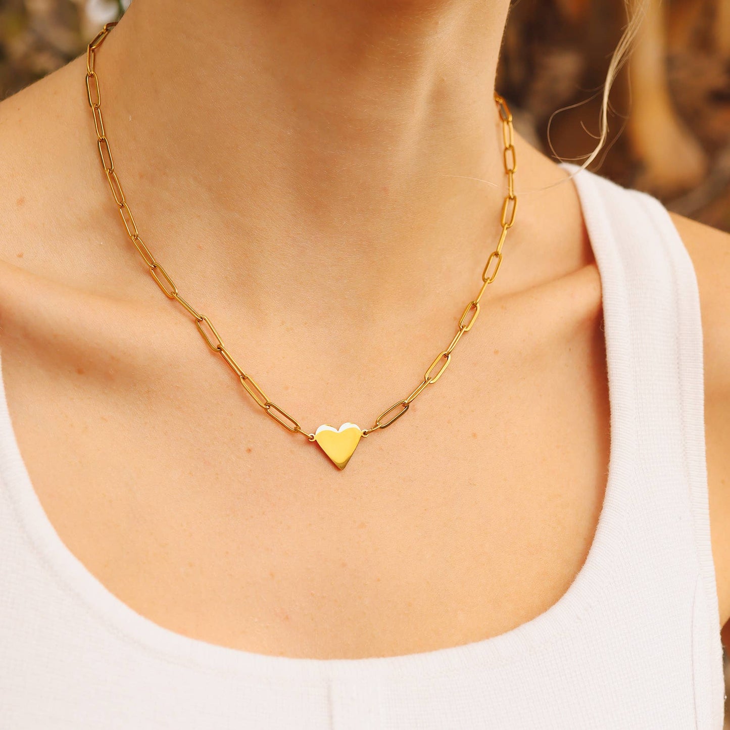 Collier cœur doré WJW - Chaîne trombones acier inoxydable