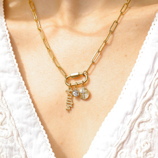 WJW - Collier à breloques en forme de mousqueton « Faith » en or PVD 18 carats