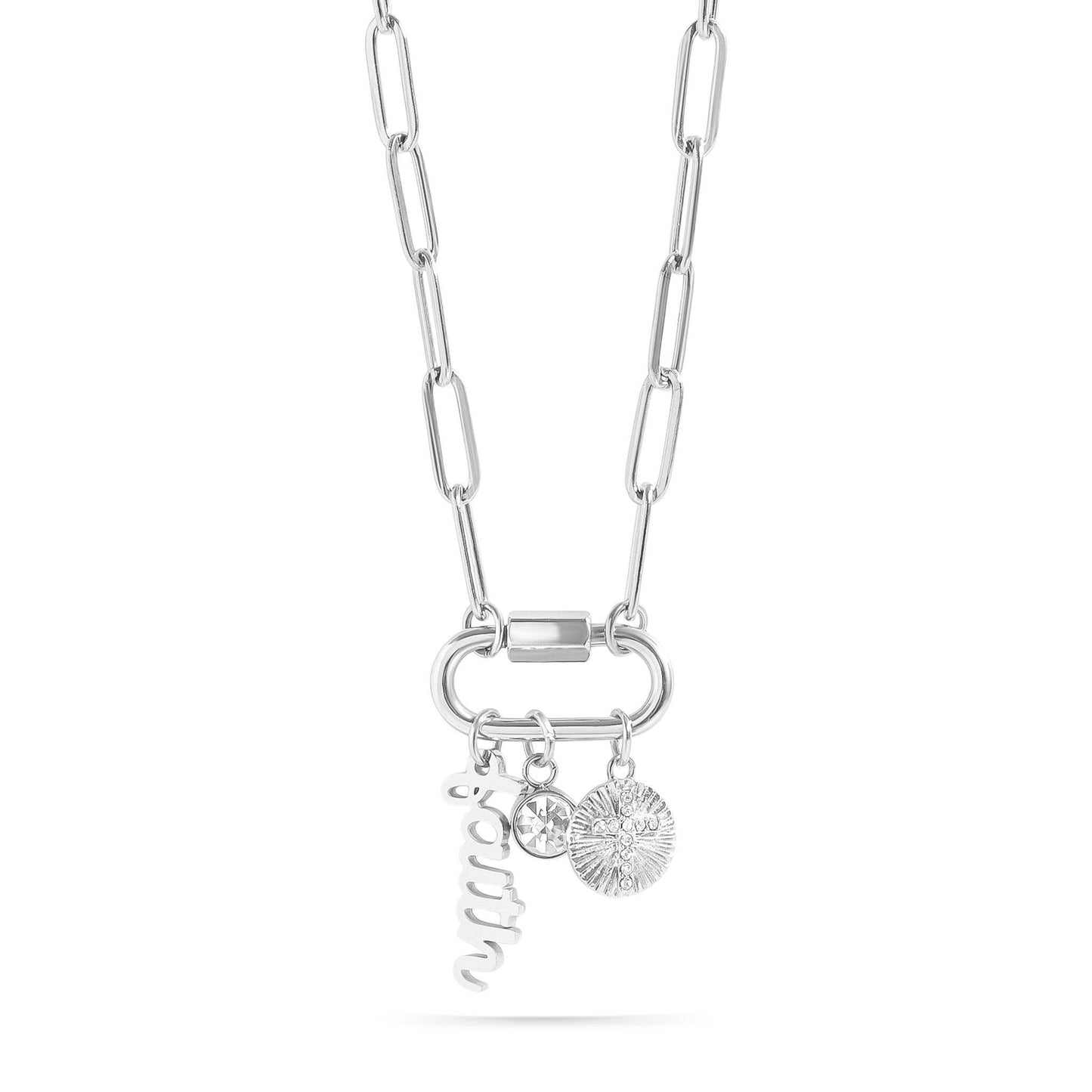 WJW - Collier à breloques en forme de mousqueton « Faith » en or PVD 18 carats