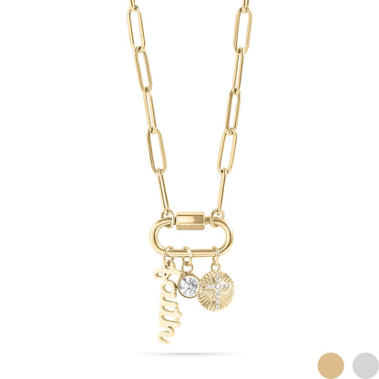 WJW - Collier à breloques en forme de mousqueton « Faith » en or PVD 18 carats