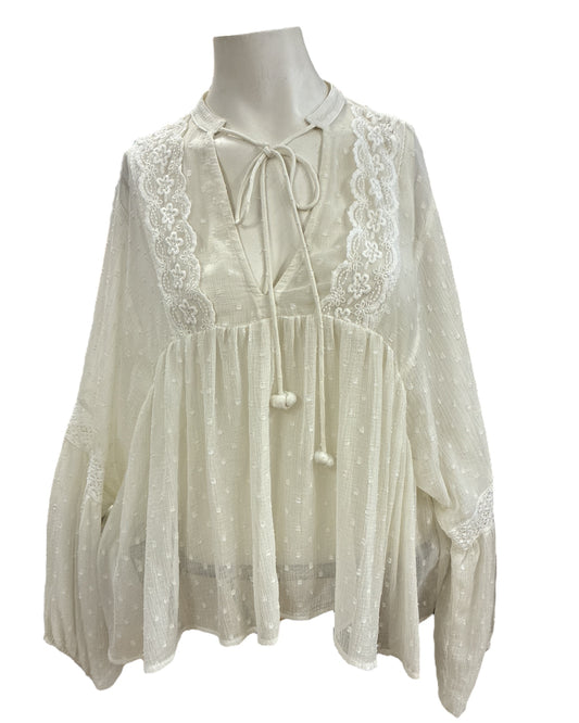 Blouse Zara voile brodée taille XL lanière pompon encolure