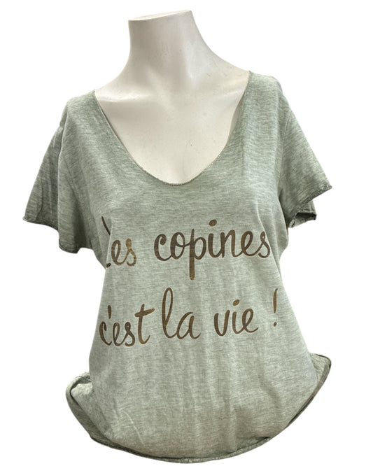 T-shirt femme kaki Les Copines c'est la vie col V doré