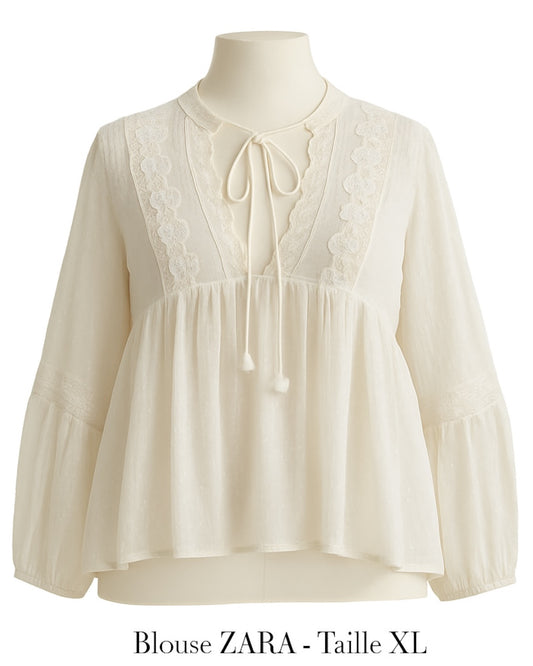 Blouse Voile Zara XL - Brodée avec Lanière et Pompon Élégants