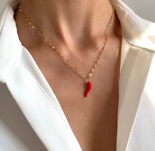Collier piment rouge chaine en acier